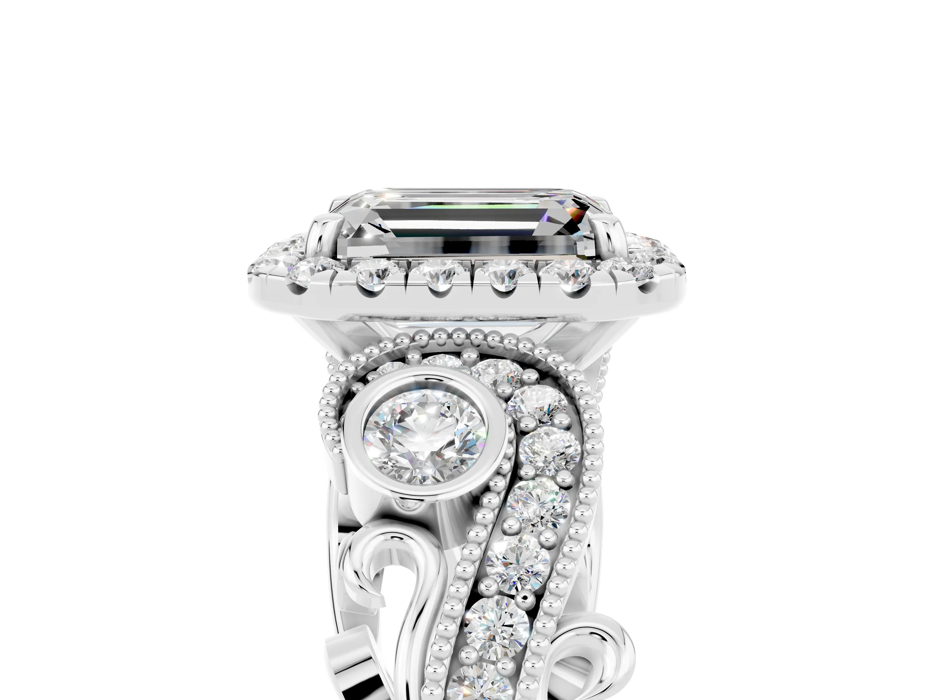 White gold Emerald Cut Moissanite Halo Ring with Milgrain Pavé Band and Four-Prong Setting_17
