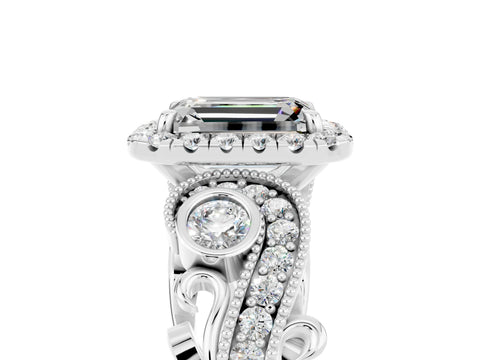 White gold Emerald Cut Moissanite Halo Ring with Milgrain Pavé Band and Four-Prong Setting_17