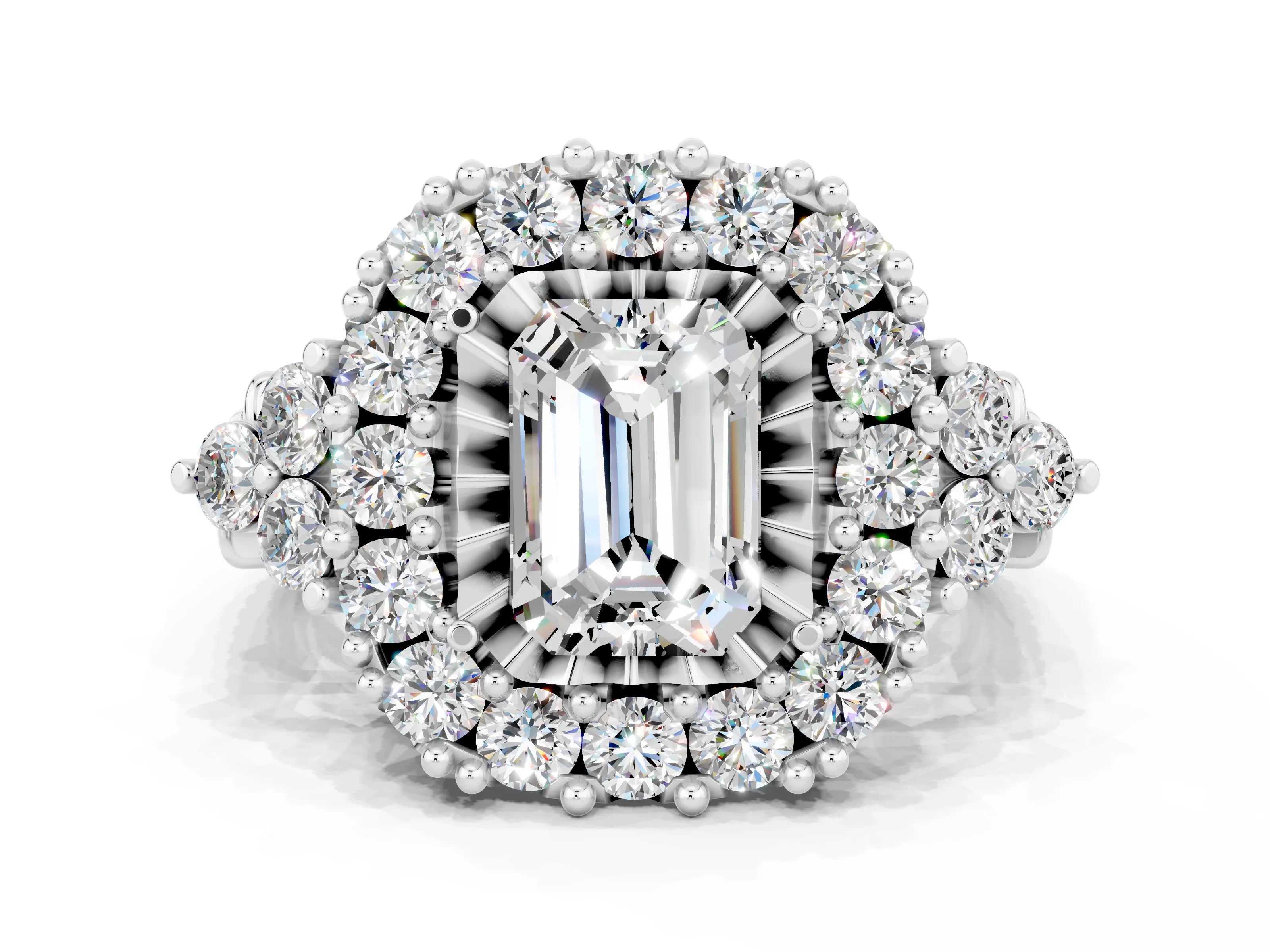 White gold Emerald Cut Moissanite Halo Ring with Pavé Band and Four-Prong Setting_12