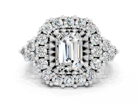 White gold Emerald Cut Moissanite Halo Ring with Pavé Band and Four-Prong Setting_12