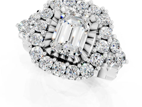 White gold Emerald Cut Moissanite Halo Ring with Pavé Band and Four-Prong Setting_13