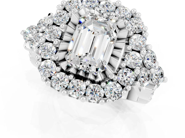 Silver Emerald Cut Moissanite Halo Ring with Pavé Band and Four-Prong Setting