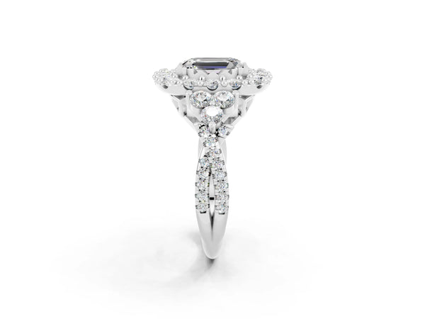 Platinum Emerald Cut Moissanite Halo Ring with Pavé Band and Four-Prong Setting