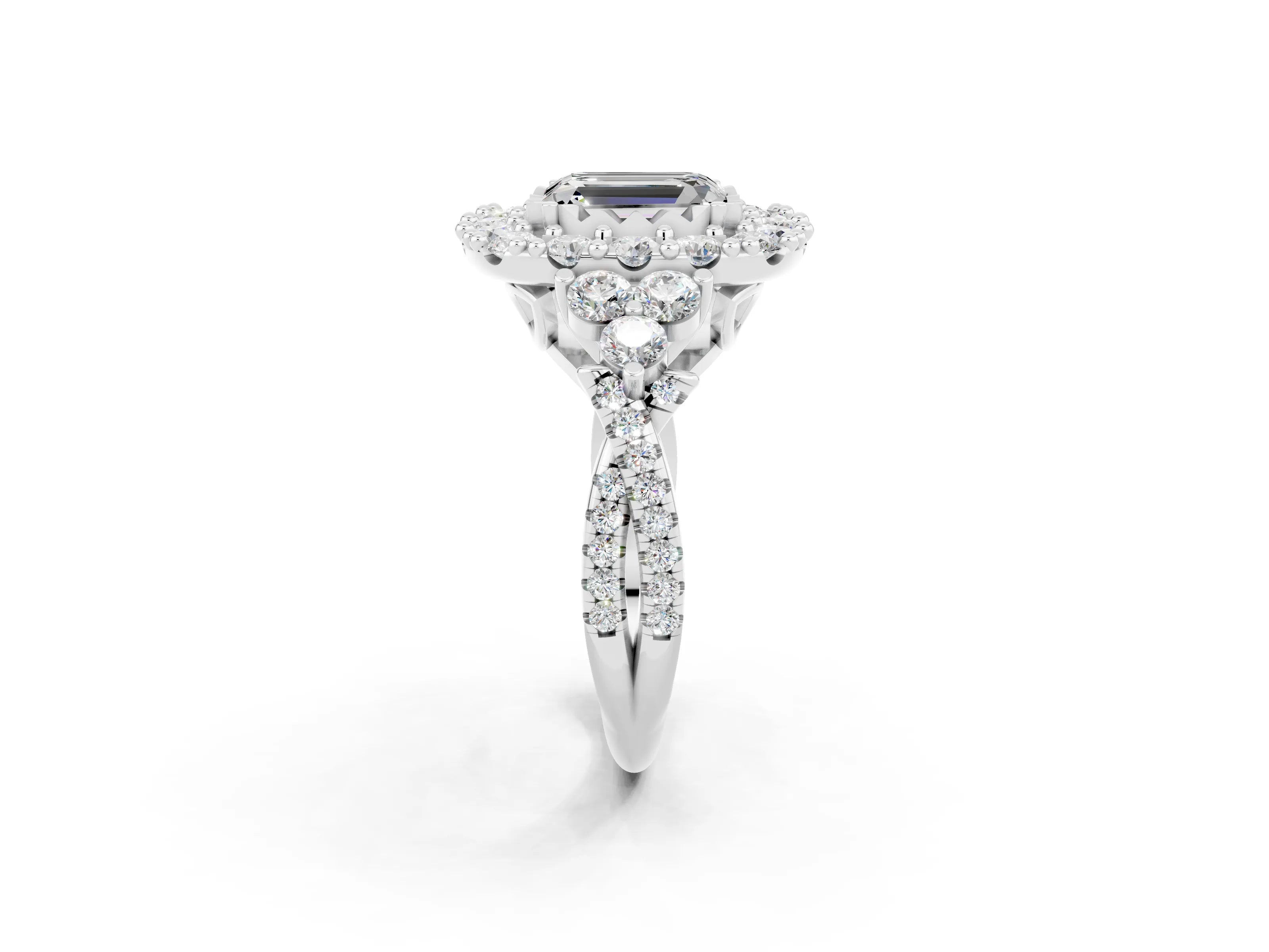 White gold Emerald Cut Moissanite Halo Ring with Pavé Band and Four-Prong Setting_14