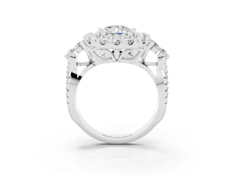 White gold Emerald Cut Moissanite Halo Ring with Pavé Band and Four-Prong Setting_15