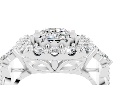 White gold Emerald Cut Moissanite Halo Ring with Pavé Band and Four-Prong Setting_16