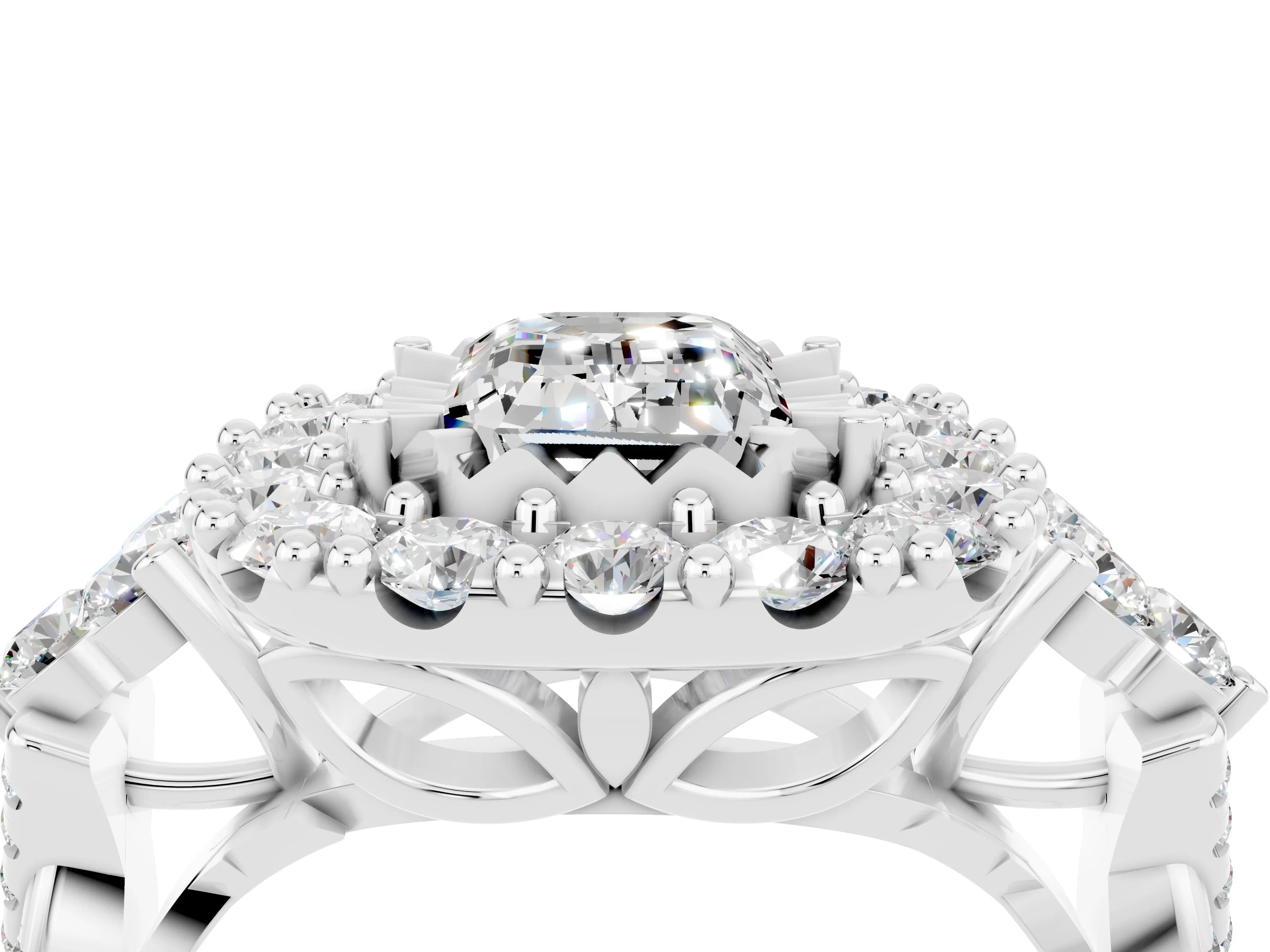 White gold Emerald Cut Moissanite Halo Ring with Pavé Band and Four-Prong Setting_16