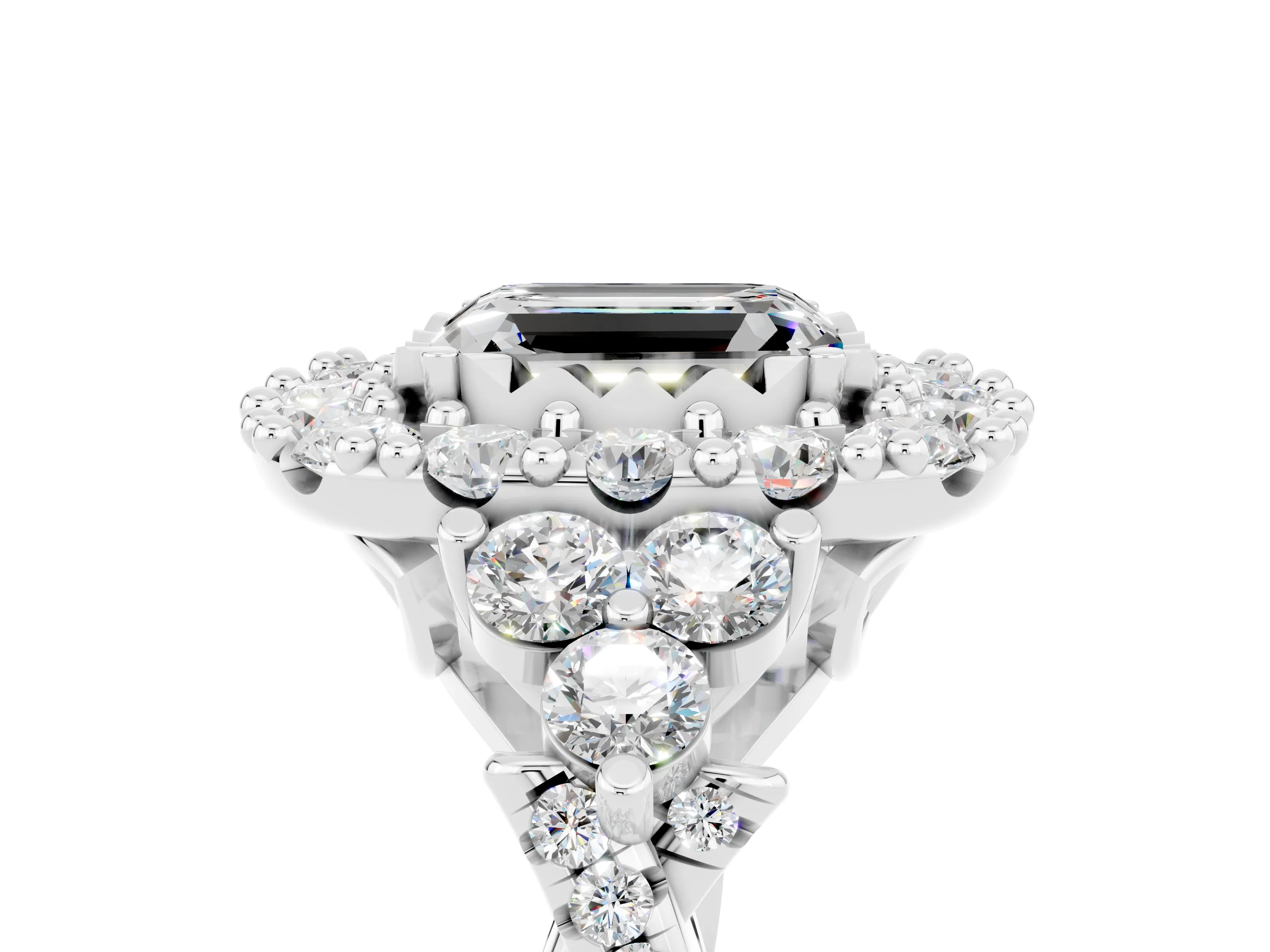 White gold Emerald Cut Moissanite Halo Ring with Pavé Band and Four-Prong Setting_17