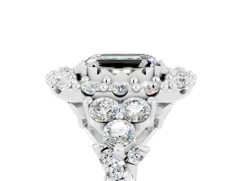 White gold Emerald Cut Moissanite Halo Ring with Pavé Band and Four-Prong Setting_17