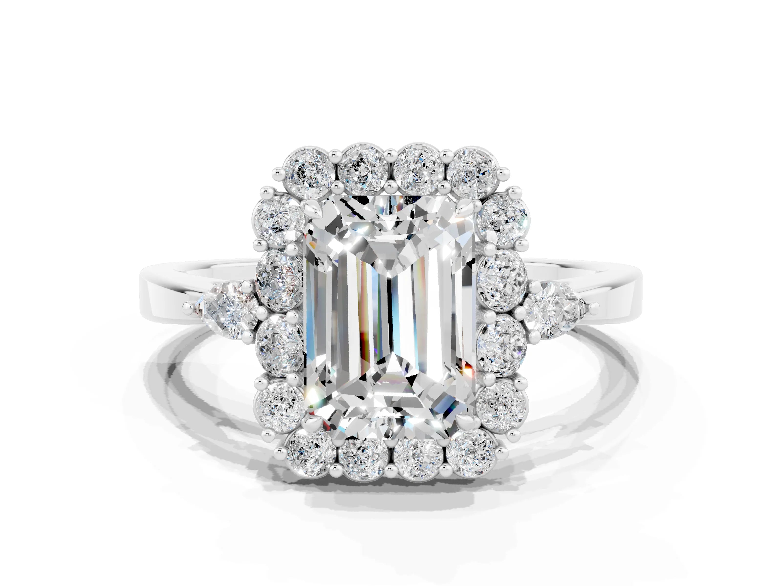 White gold Emerald Cut Moissanite Halo Ring with Pear Side Stones and Prong Setting_24
