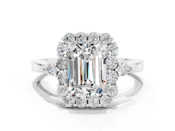 Silver Emerald Cut Moissanite Halo Ring with Pear Side Stones and Prong Setting