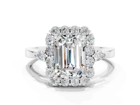 White gold Emerald Cut Moissanite Halo Ring with Pear Side Stones and Prong Setting_24