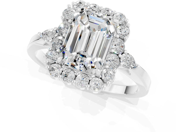 Platinum Emerald Cut Moissanite Halo Ring with Pear Side Stones and Prong Setting