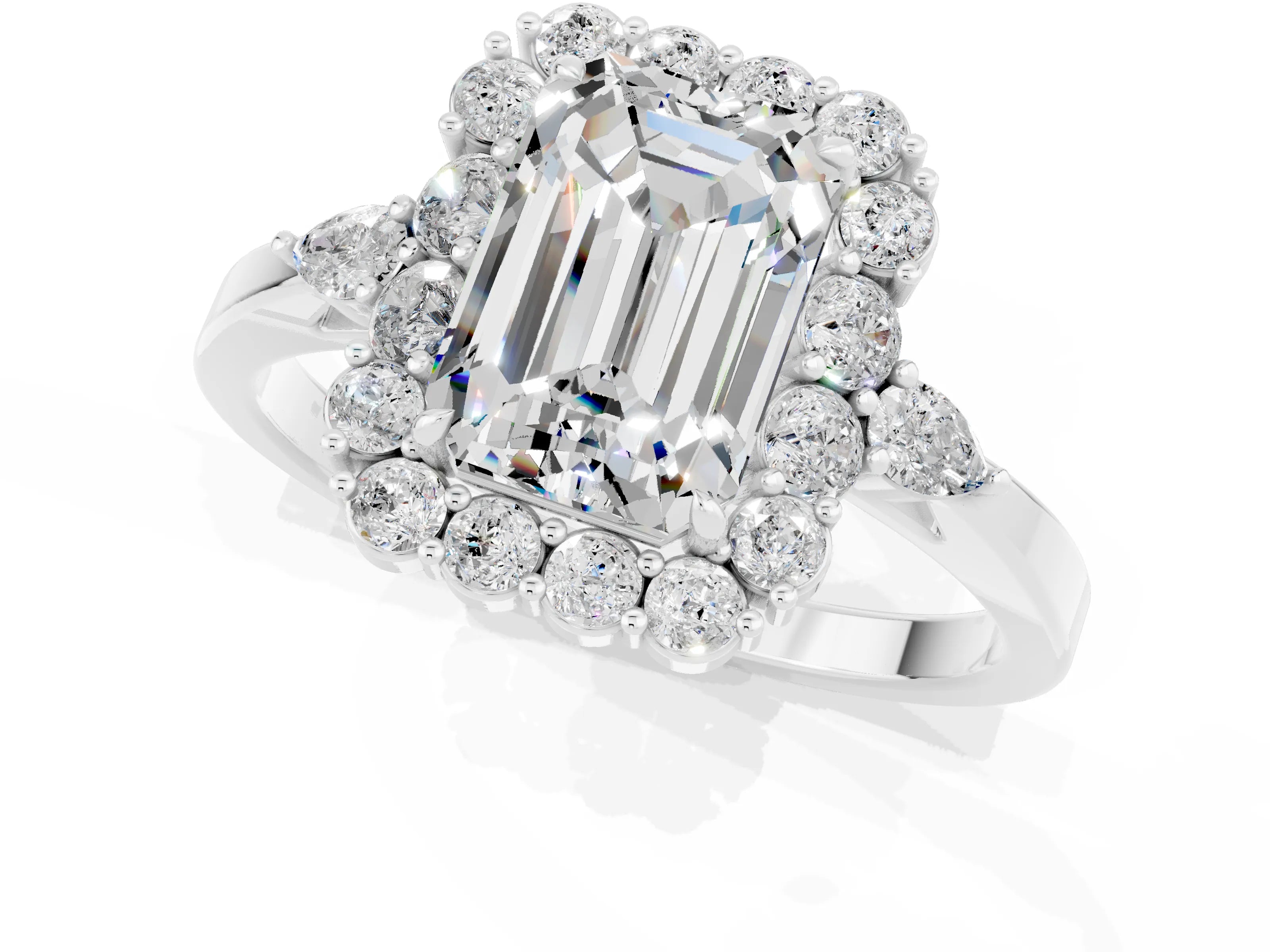 White gold Emerald Cut Moissanite Halo Ring with Pear Side Stones and Prong Setting_25