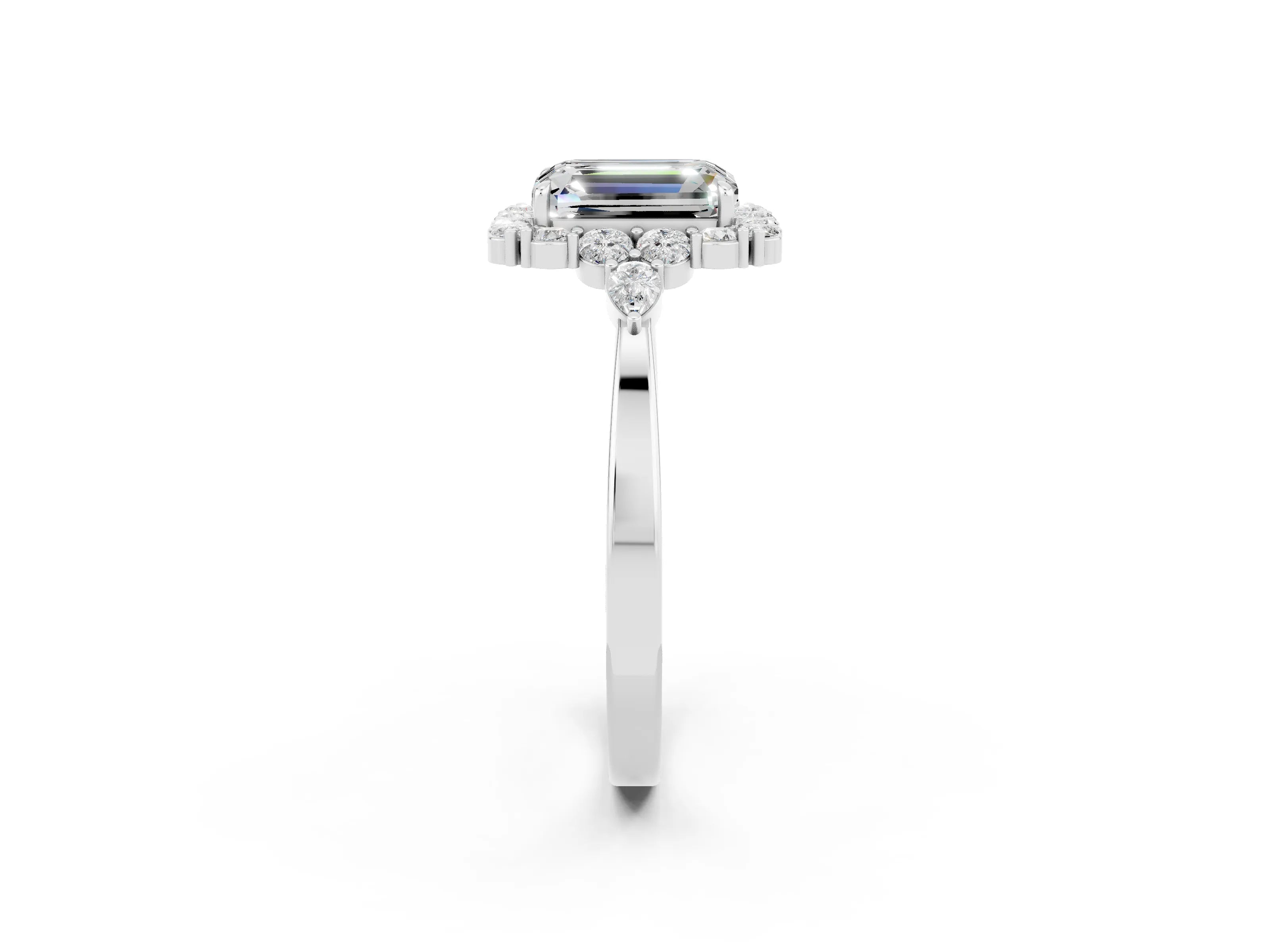 White gold Emerald Cut Moissanite Halo Ring with Pear Side Stones and Prong Setting_26