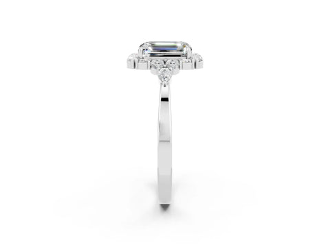White gold Emerald Cut Moissanite Halo Ring with Pear Side Stones and Prong Setting_26
