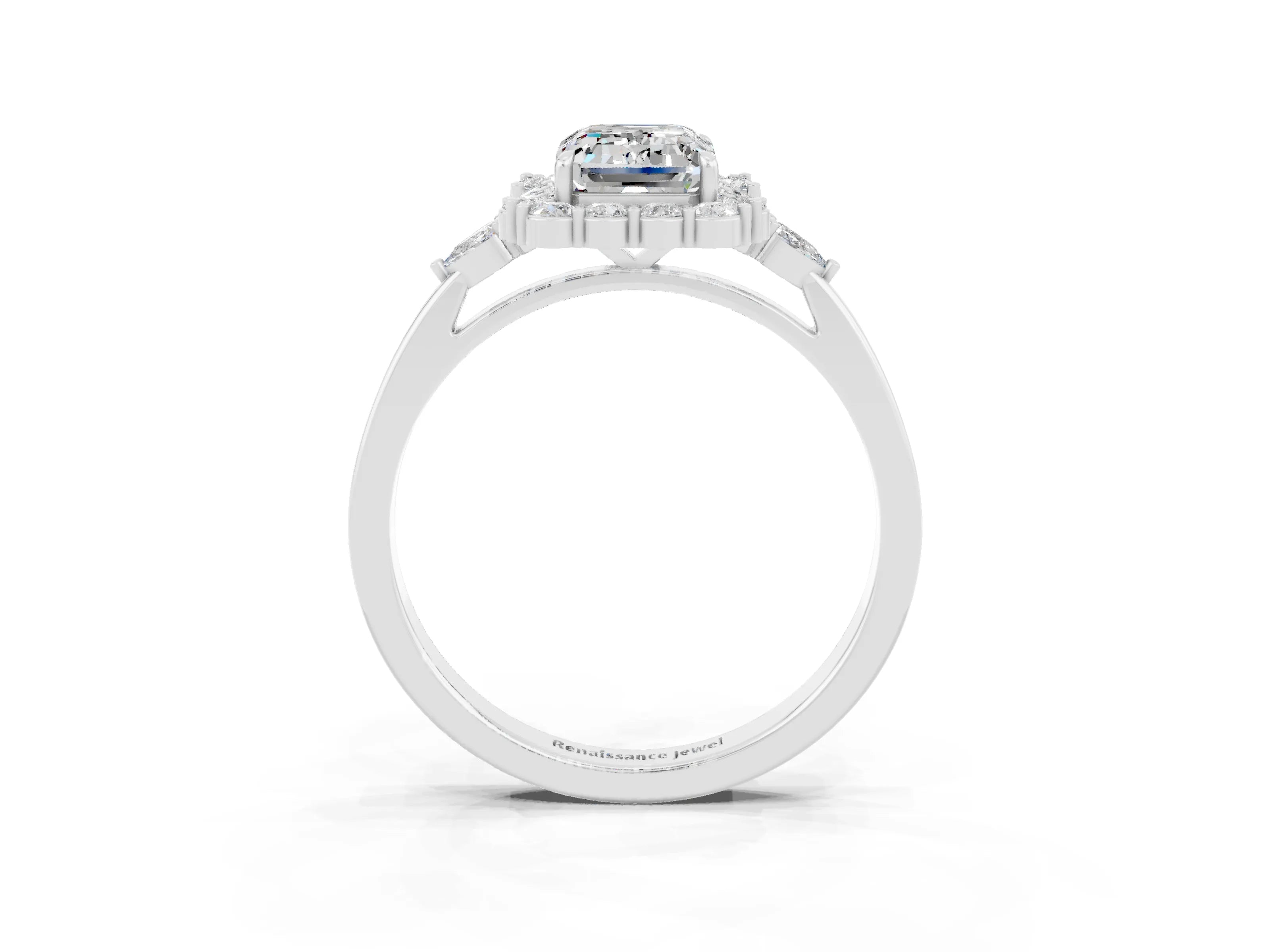 White gold Emerald Cut Moissanite Halo Ring with Pear Side Stones and Prong Setting_27