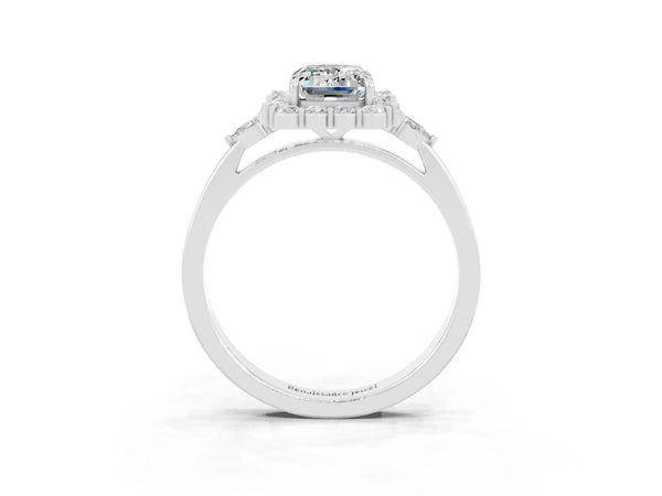 Silver Emerald Cut Moissanite Halo Ring with Pear Side Stones and Prong Setting