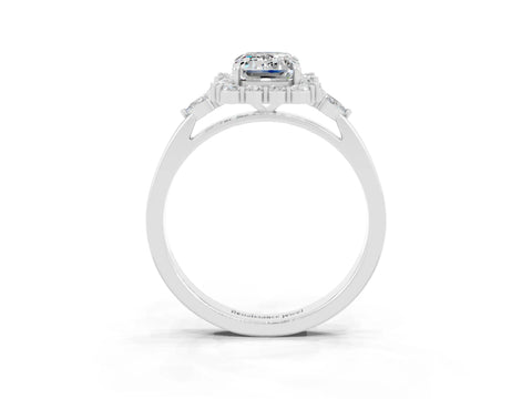 White gold Emerald Cut Moissanite Halo Ring with Pear Side Stones and Prong Setting_27