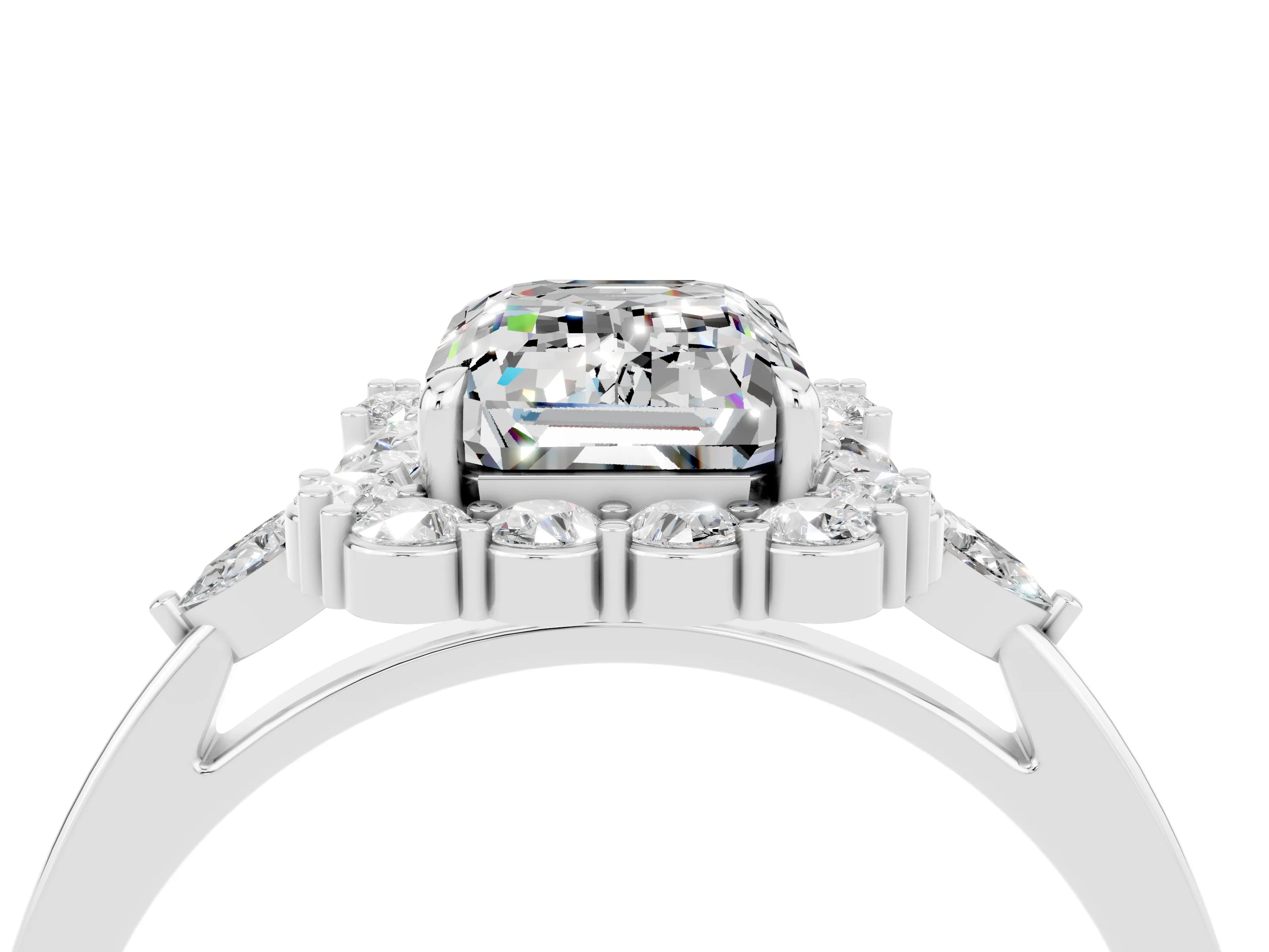 White gold Emerald Cut Moissanite Halo Ring with Pear Side Stones and Prong Setting_28