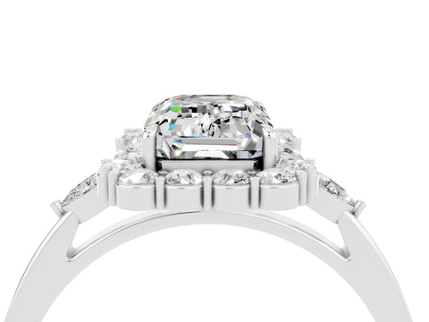 White gold Emerald Cut Moissanite Halo Ring with Pear Side Stones and Prong Setting_28