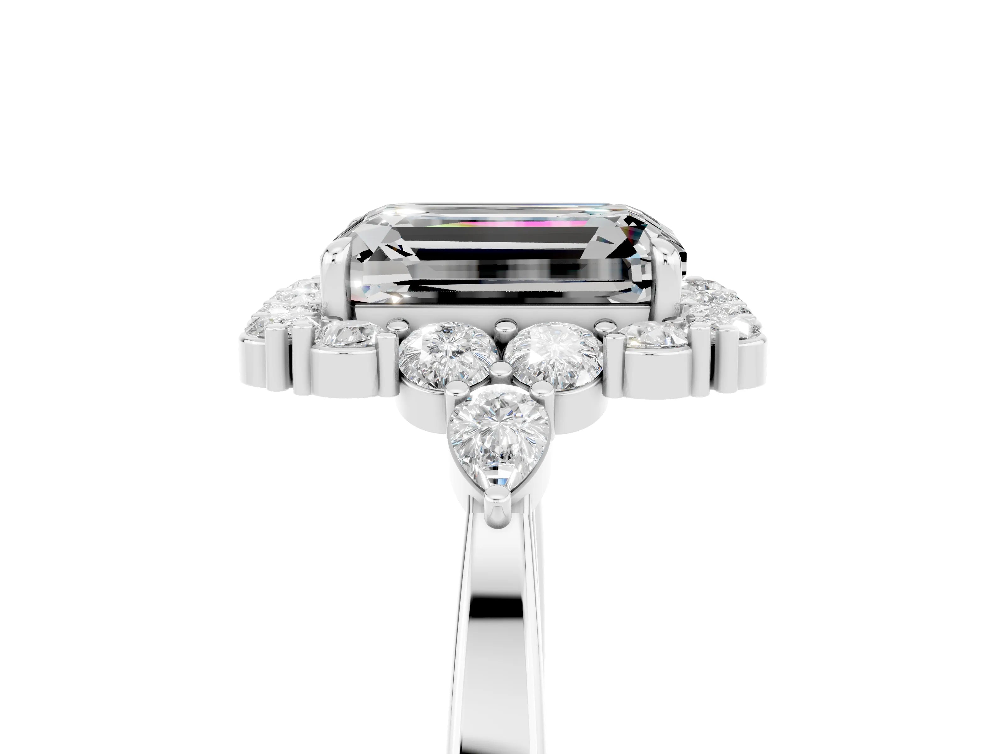 White gold Emerald Cut Moissanite Halo Ring with Pear Side Stones and Prong Setting_29