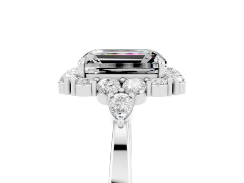 White gold Emerald Cut Moissanite Halo Ring with Pear Side Stones and Prong Setting_29