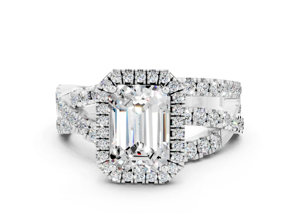Platinum Emerald Cut Moissanite Halo Ring with Round Split Shank and Prong Setting