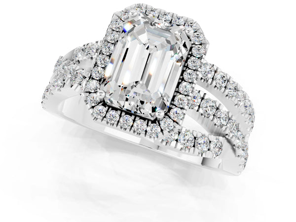 White gold Emerald Cut Moissanite Halo Ring with Round Split Shank and Prong Setting