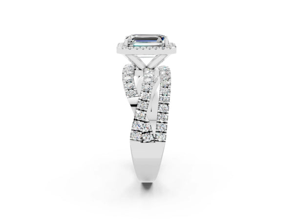 Platinum Emerald Cut Moissanite Halo Ring with Round Split Shank and Prong Setting