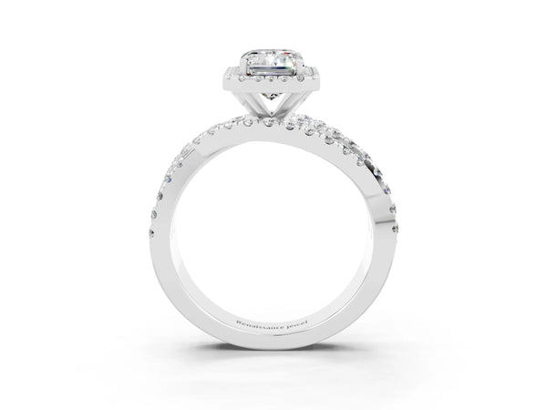 Platinum Emerald Cut Moissanite Halo Ring with Round Split Shank and Prong Setting