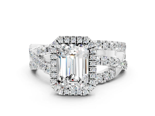 White gold Emerald Cut Moissanite Halo Ring with Round Split Shank and Prong Setting
