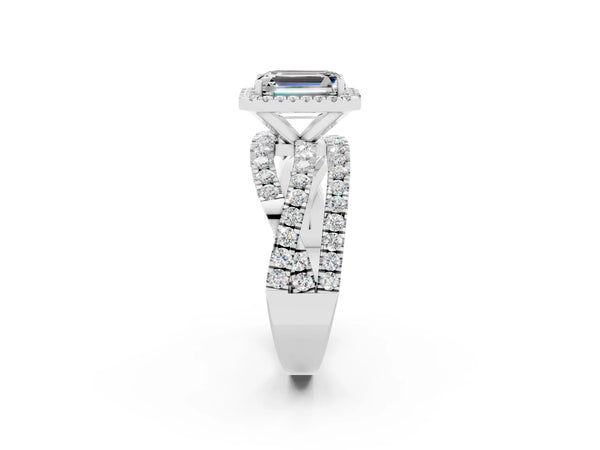 Platinum Emerald Cut Moissanite Halo Ring with Round Split Shank and Prong Setting