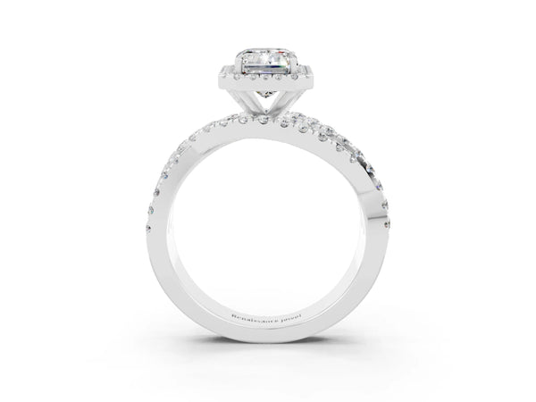 White gold Emerald Cut Moissanite Halo Ring with Round Split Shank and Prong Setting