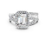 White gold Emerald Cut Moissanite Halo Ring with Round Split Shank and Prong Setting_60