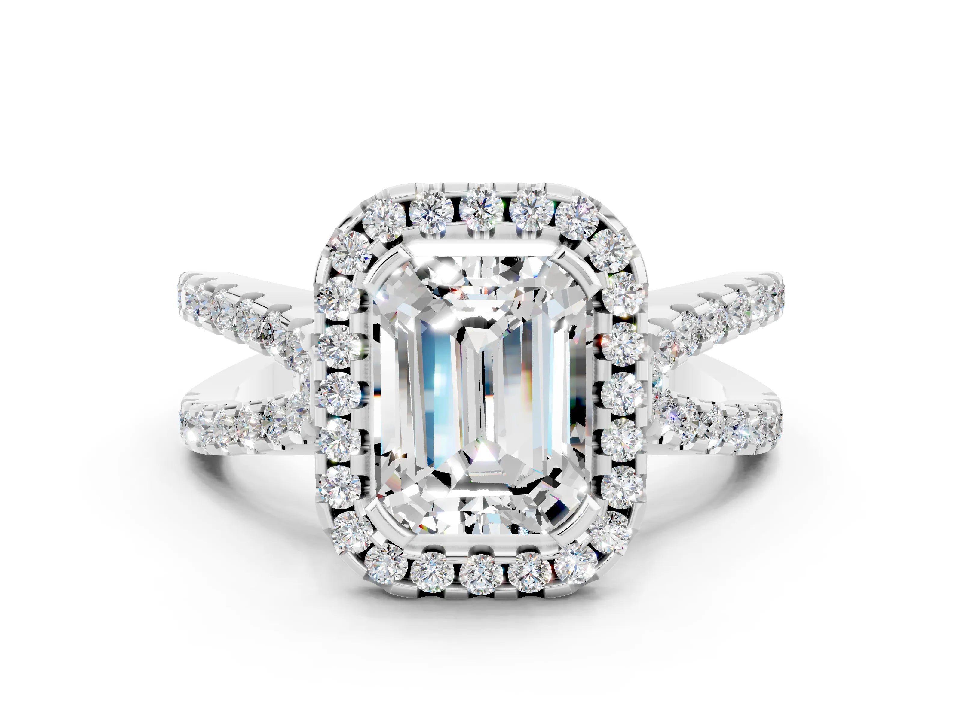White gold Emerald Cut Moissanite Halo Ring with Split Shank Pavé Band and Prong Setting