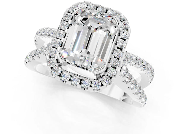 Silver Emerald Cut Moissanite Halo Ring with Split Shank Pavé Band and Prong Setting