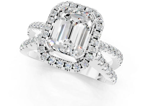 White gold Emerald Cut Moissanite Halo Ring with Split Shank Pavé Band and Prong Setting_1