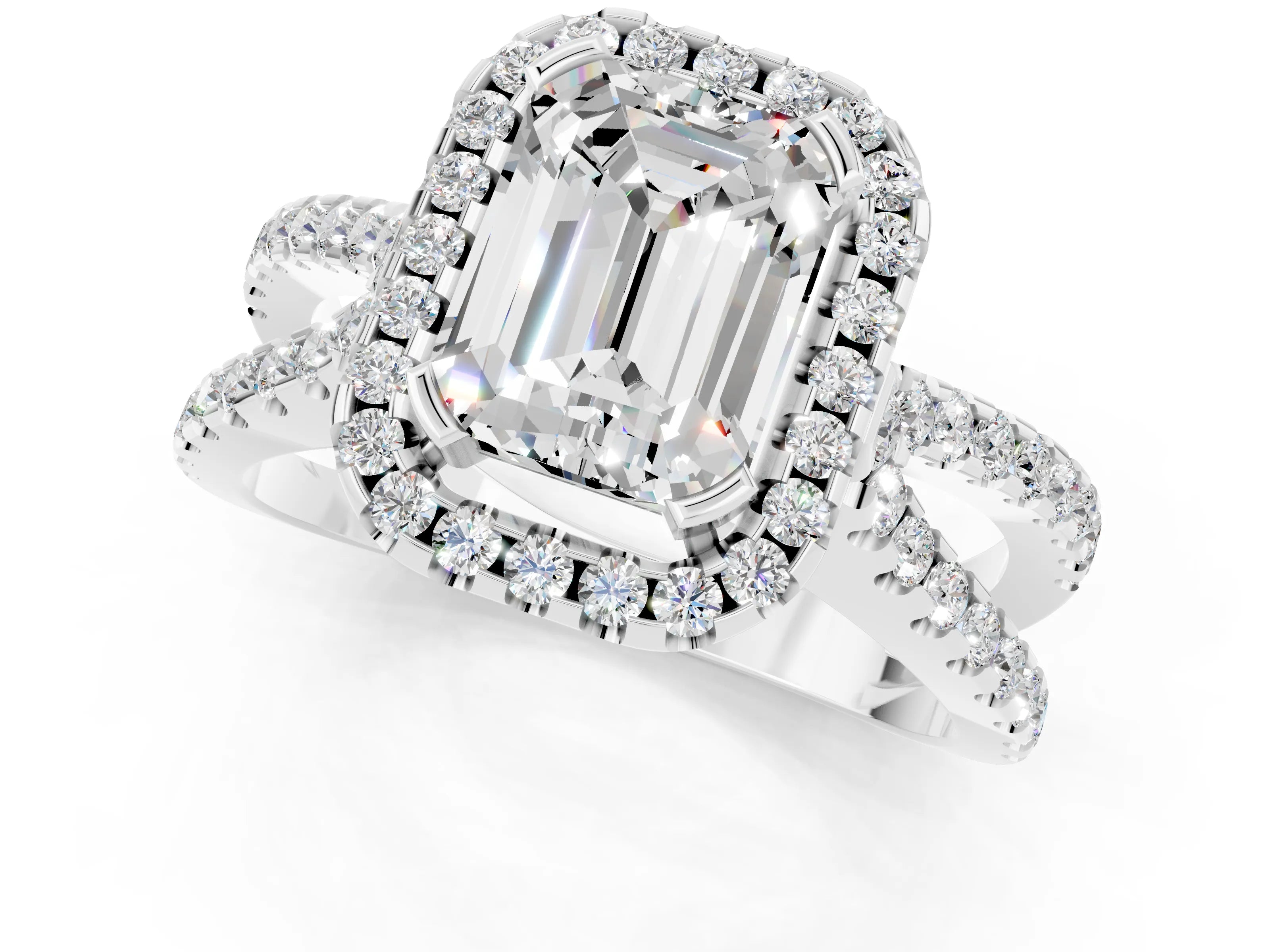 White gold Emerald Cut Moissanite Halo Ring with Split Shank Pavé Band and Prong Setting_1