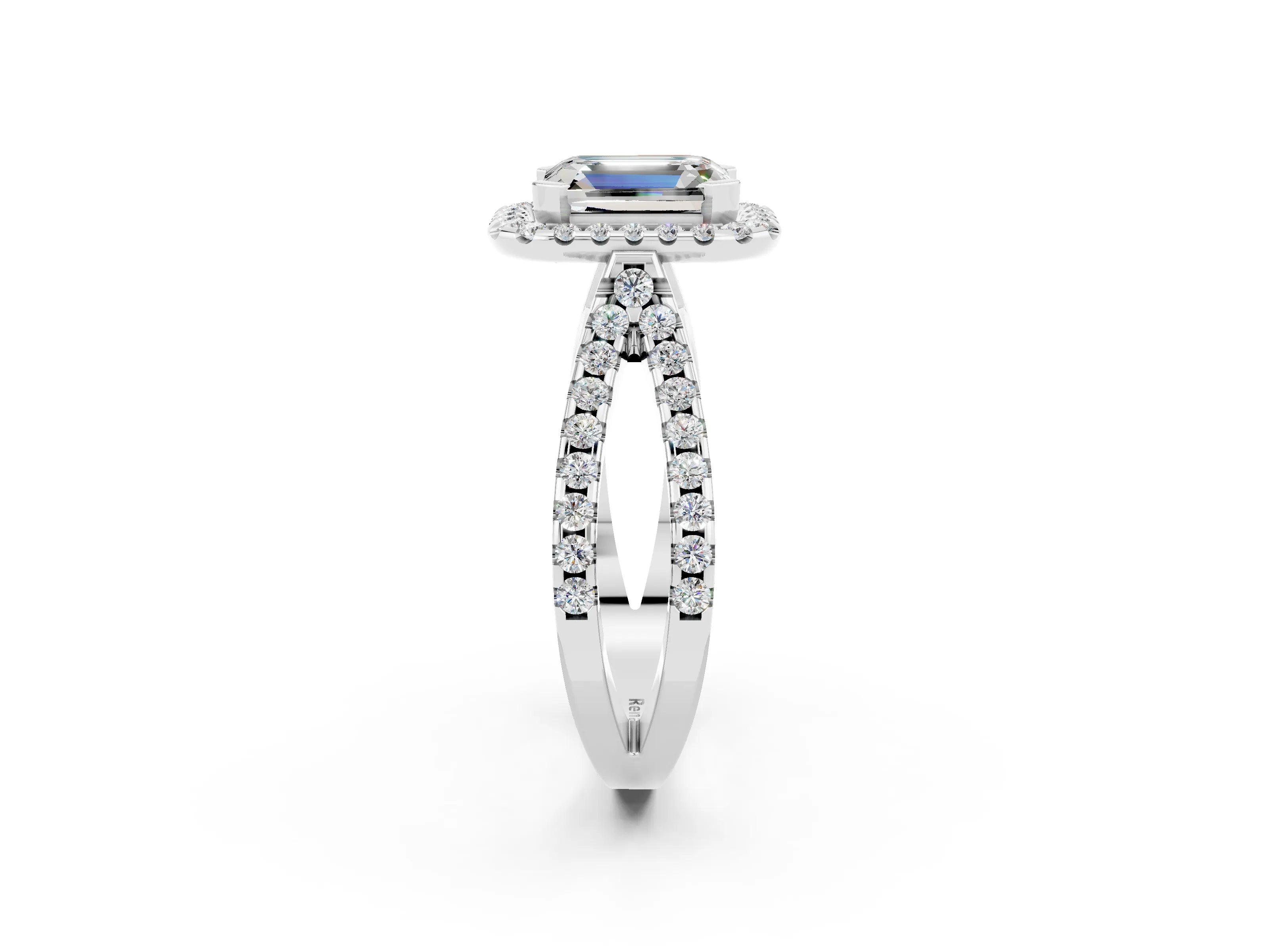 White gold Emerald Cut Moissanite Halo Ring with Split Shank Pavé Band and Prong Setting_2
