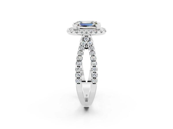 White gold Emerald Cut Moissanite Halo Ring with Split Shank Pavé Band and Prong Setting