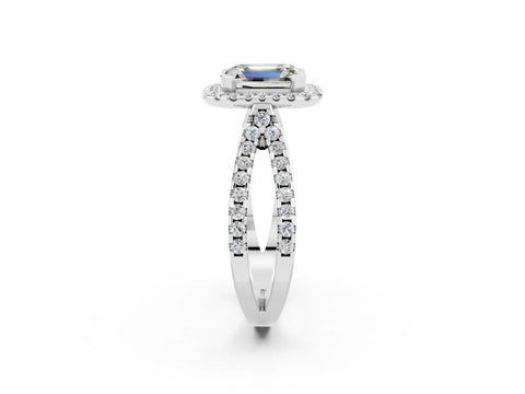 White gold Emerald Cut Moissanite Halo Ring with Split Shank Pavé Band and Prong Setting_2