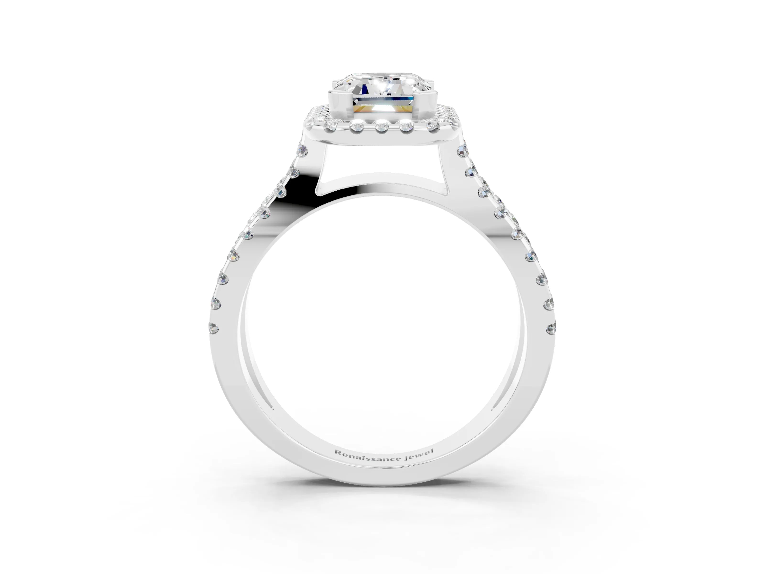 White gold Emerald Cut Moissanite Halo Ring with Split Shank Pavé Band and Prong Setting_3