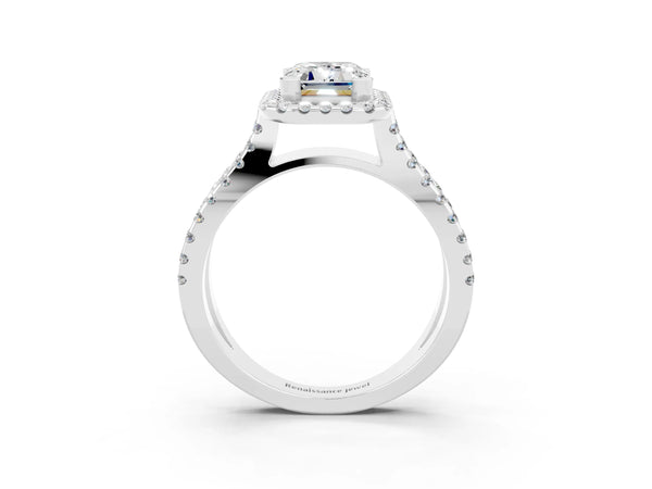 White gold Emerald Cut Moissanite Halo Ring with Split Shank Pavé Band and Prong Setting