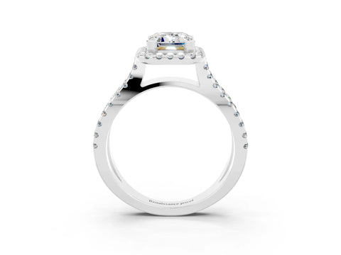 White gold Emerald Cut Moissanite Halo Ring with Split Shank Pavé Band and Prong Setting_3