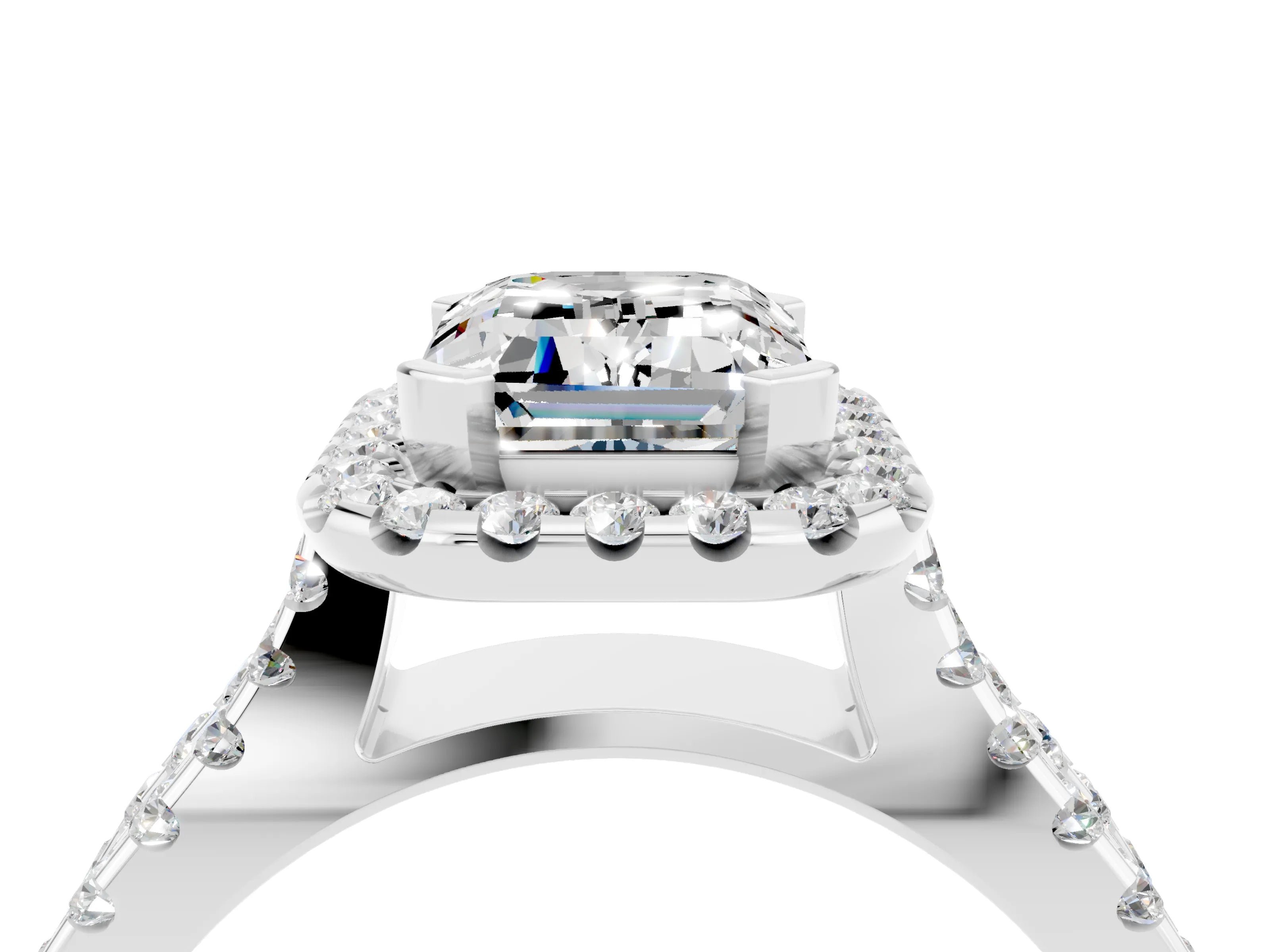 White gold Emerald Cut Moissanite Halo Ring with Split Shank Pavé Band and Prong Setting_4