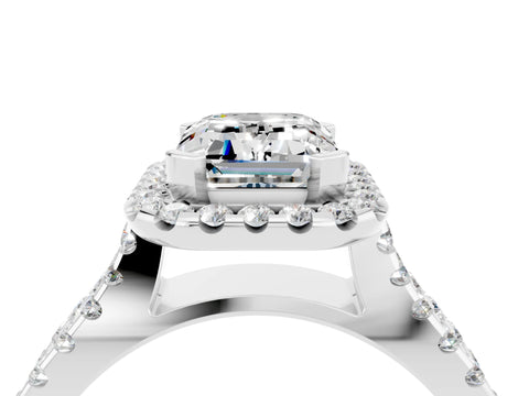 White gold Emerald Cut Moissanite Halo Ring with Split Shank Pavé Band and Prong Setting_4