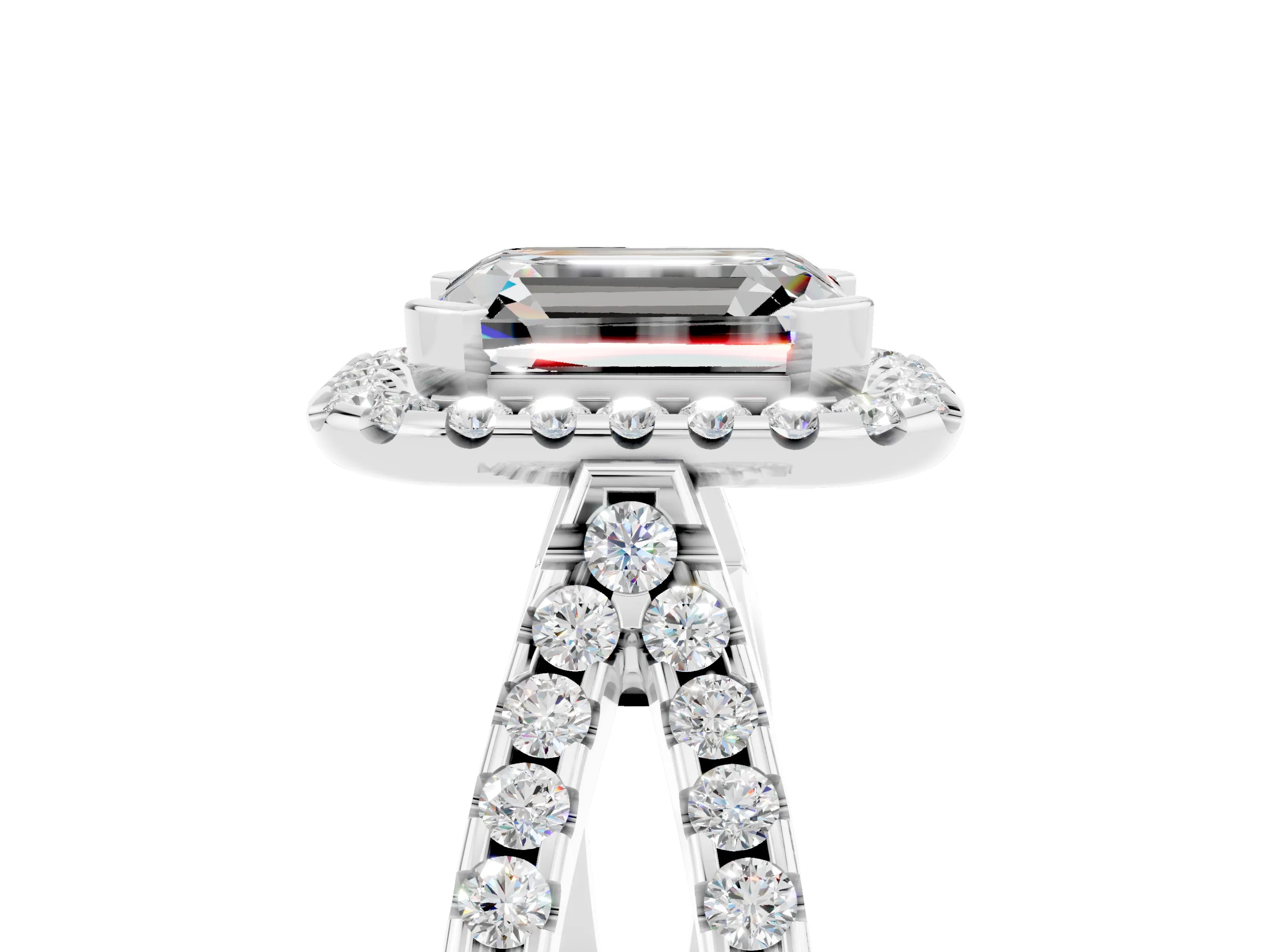 White gold Emerald Cut Moissanite Halo Ring with Split Shank Pavé Band and Prong Setting_5