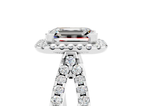 White gold Emerald Cut Moissanite Halo Ring with Split Shank Pavé Band and Prong Setting_5