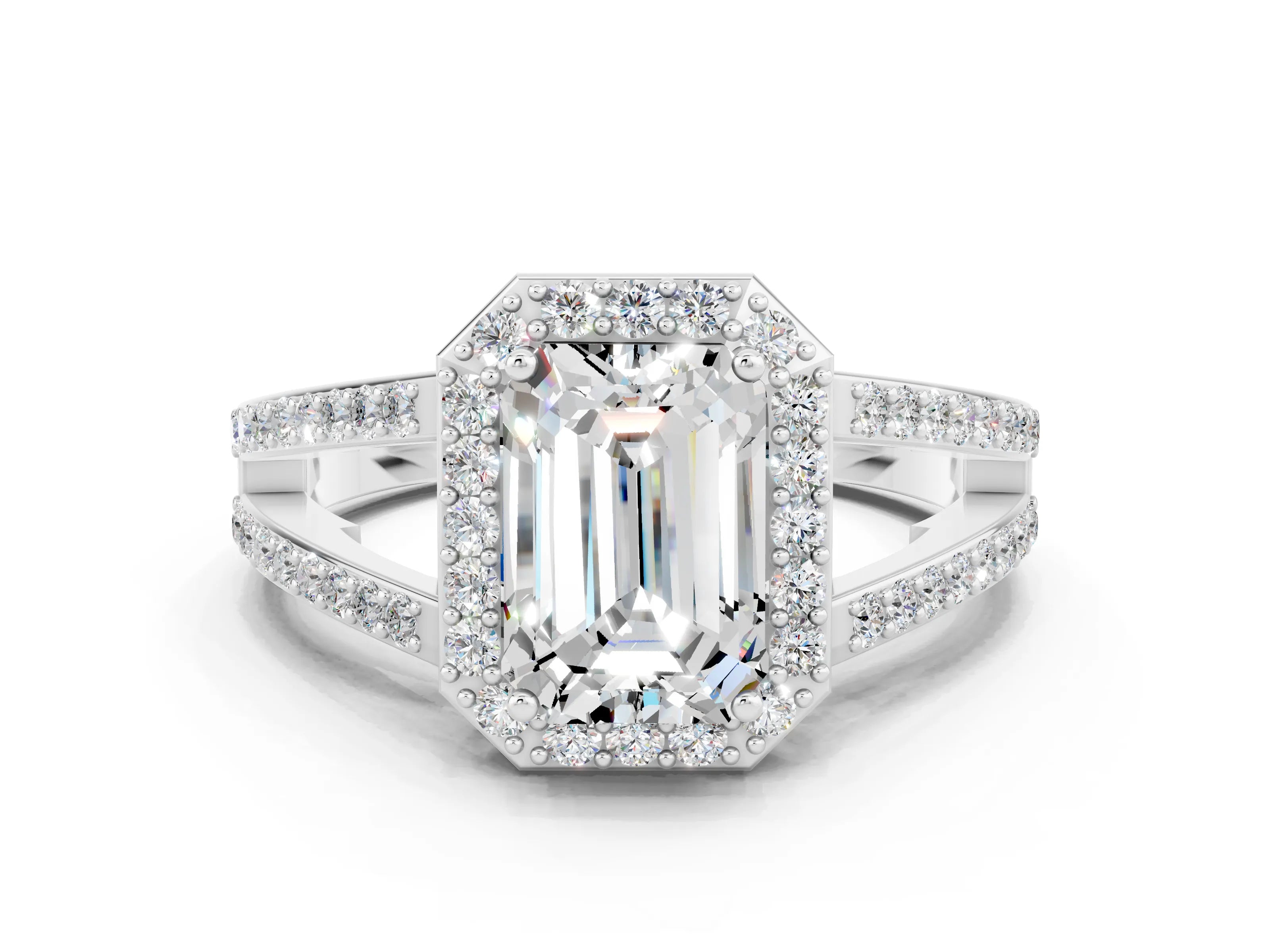 White gold Emerald Cut Moissanite Halo Ring with Split Shank U-Prong Band and Four-Prong Setting